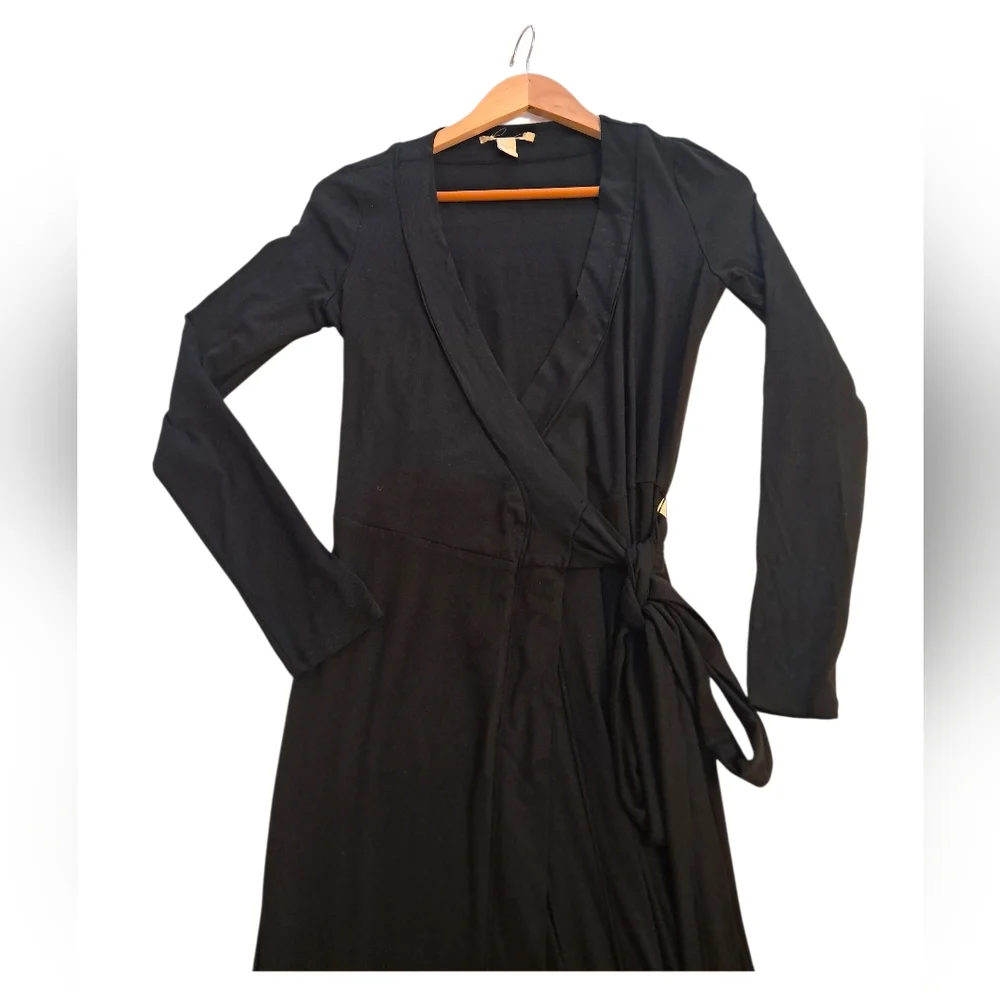 Black Midi Wrap Dress with Tie Waist - Picture 2 of 12